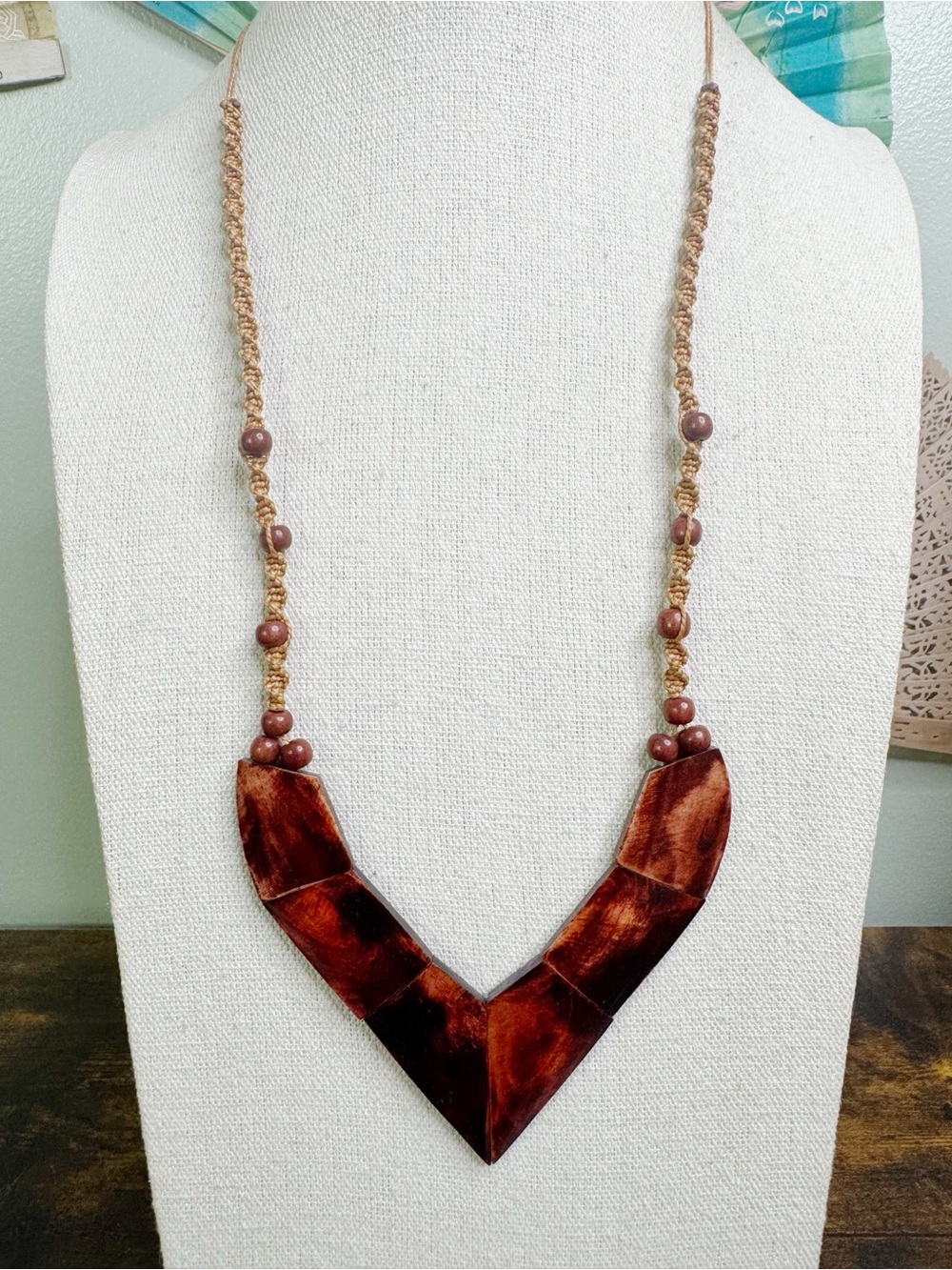 Hand Crafted Rich Brown V-Shaped Wooden Pendant Necklace